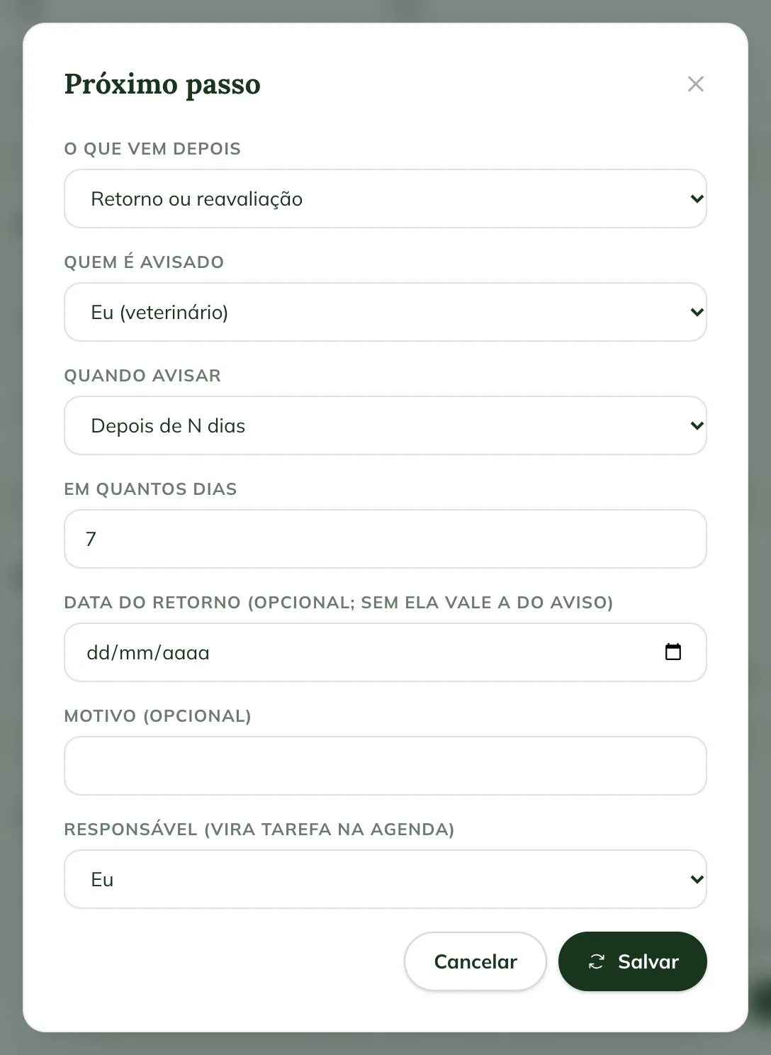 Next step window on the web, with What comes next, Who is notified, When to notify, In how many days, Follow-up date, Reason and Responsible
