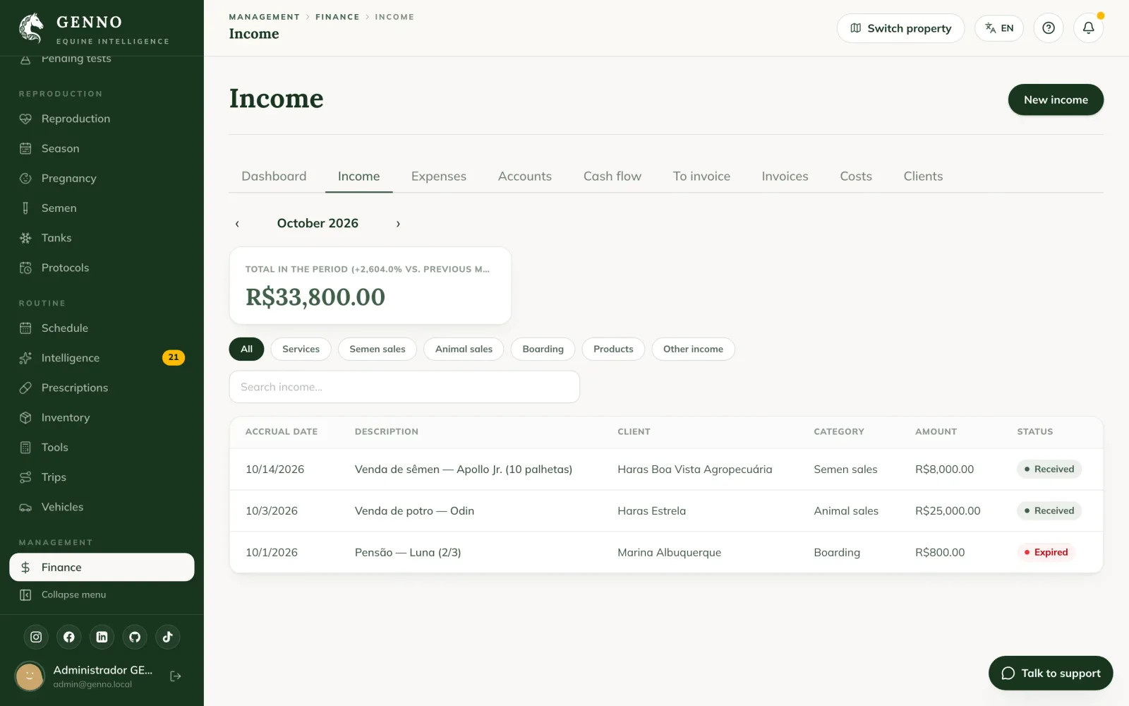 Income tab on the web, with the period total, the category filters and the entries with the status Receivable, Received and Overdue