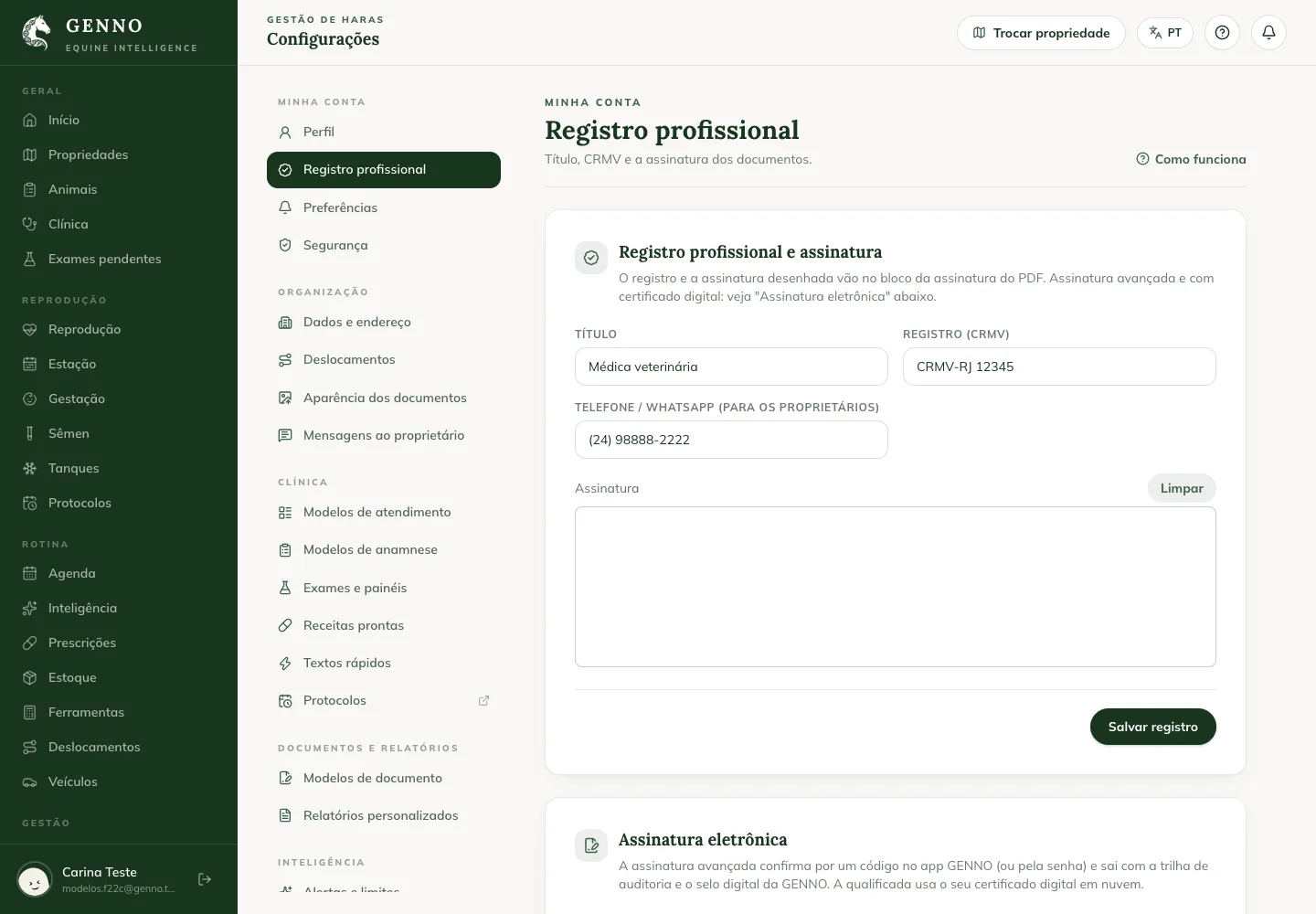 Professional registration and signature card on the web, with Title, License (CRMV), Phone / WhatsApp and the signature box