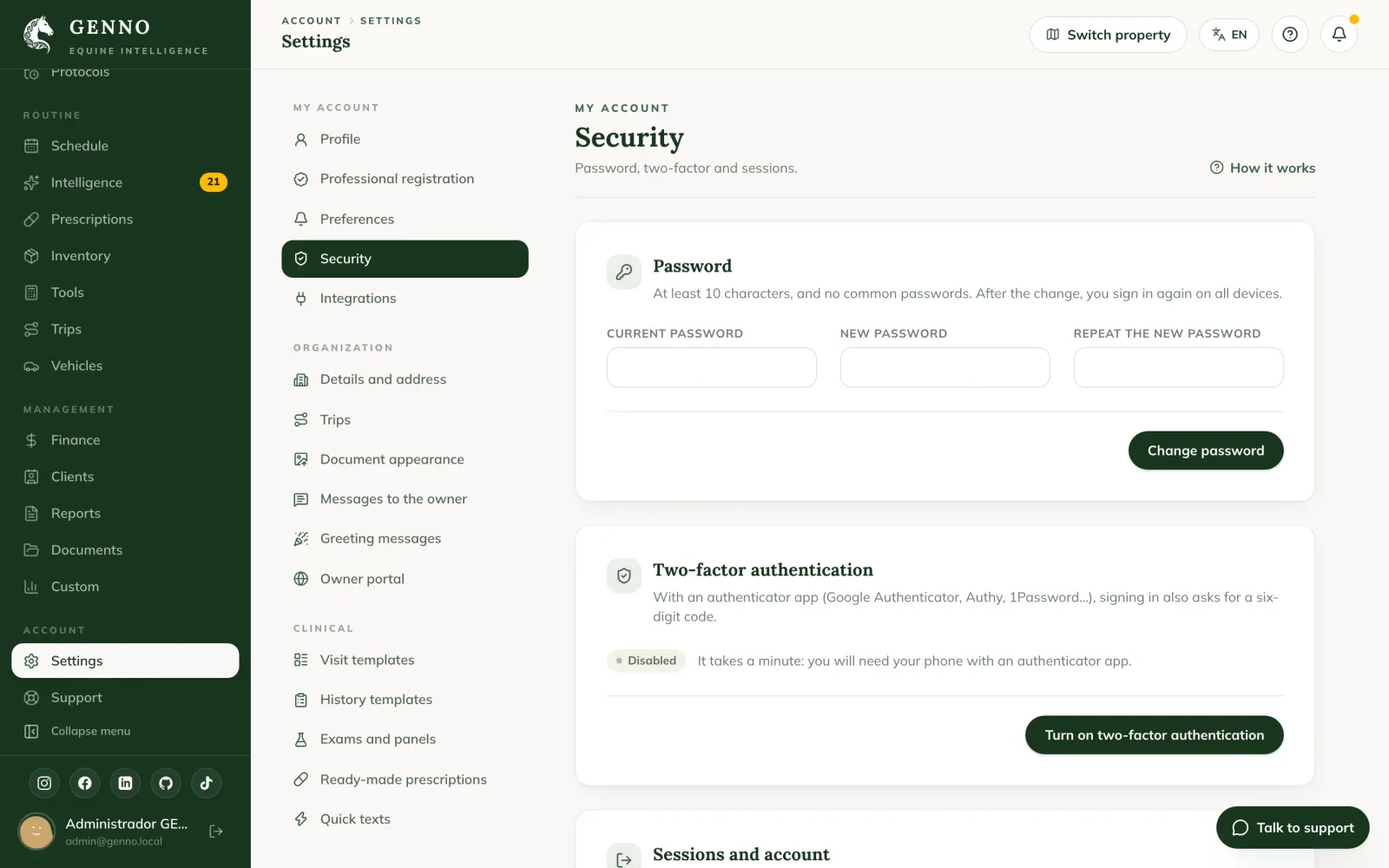 Two-factor authentication card in the web Settings, with the three steps: install the app, scan the QR code or copy the key, and enter the six-digit code