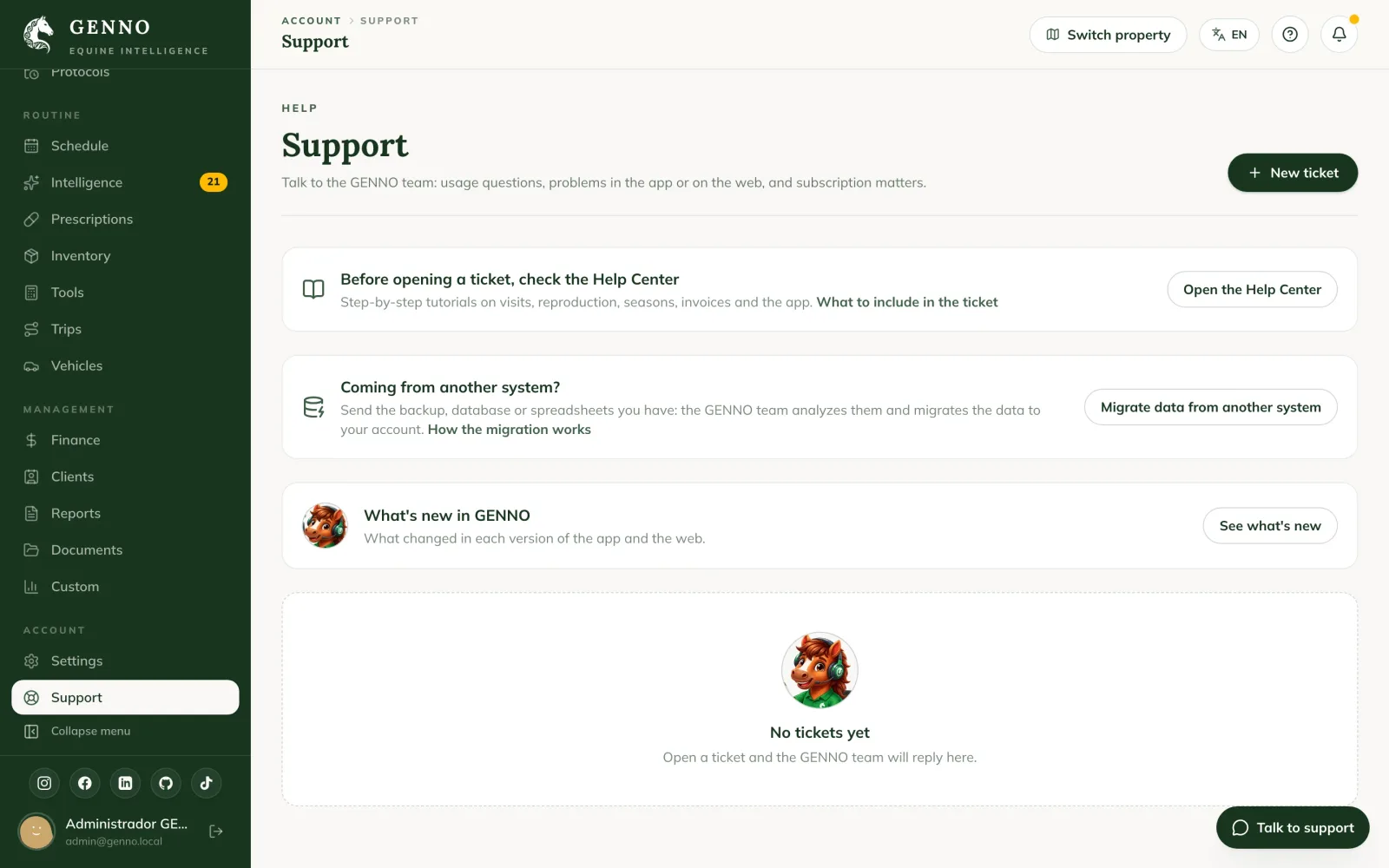 Support page on the web, with the shortcut to the Help Center and the ticket list with ticket #1 Open