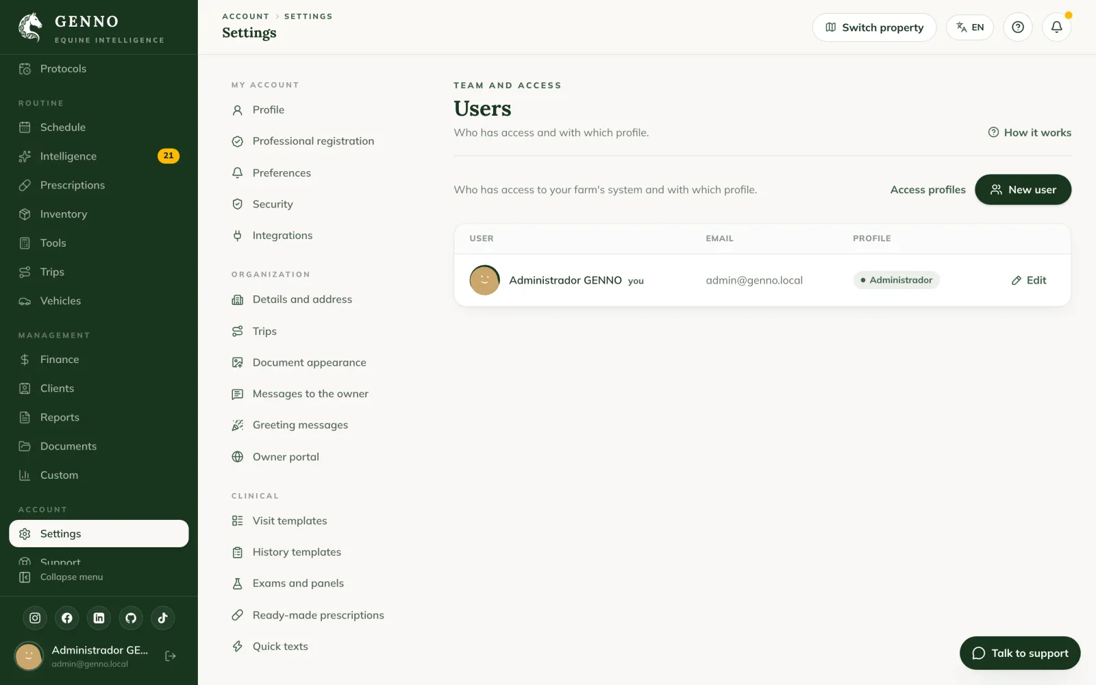 Liste Users and permissions im Web mit Name, E-Mail, Profil und der Schaltfläche Edit jeder Person