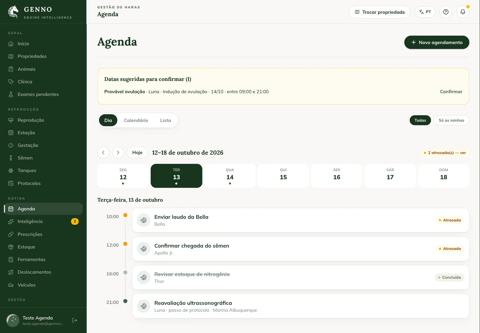 Schedule on the web in the Day tab, with the week of October 12 to 18, the suggested dates to confirm and Tuesday's timeline