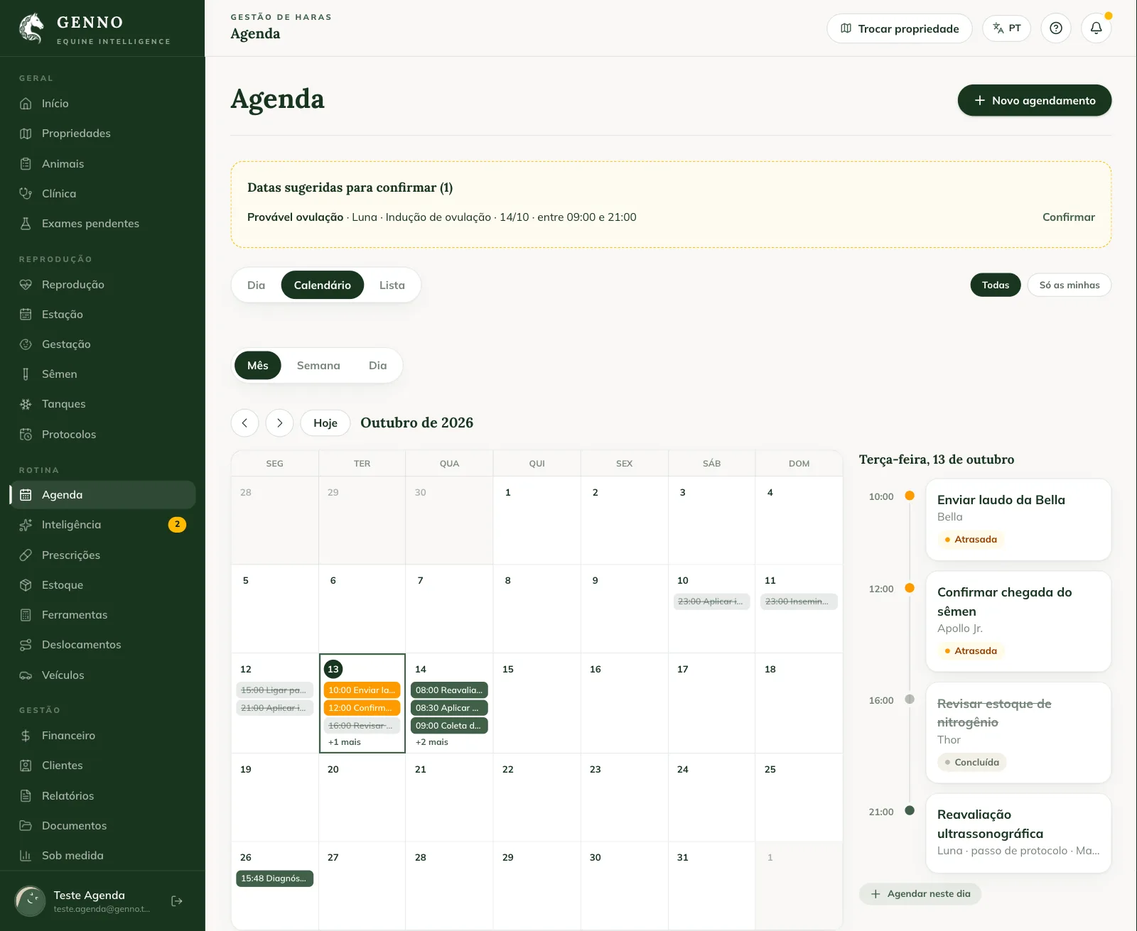 Schedule calendar on the web, in October, with the tasks on each day and Tuesday's list on the side