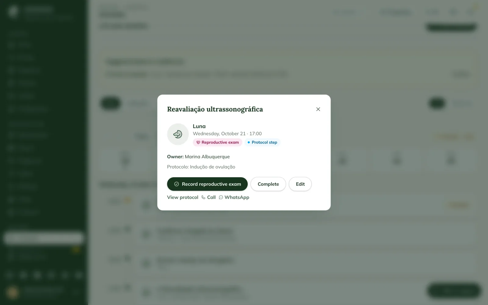 Luna's ultrasound re-evaluation appointment open in the web schedule, with the Reproductive exam type and the Record reproductive exam button