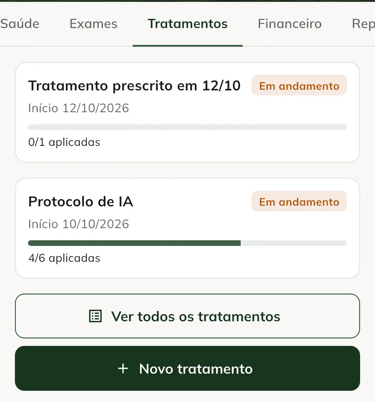 Treatments tab of the animal record, with two treatments in progress and the dose progress