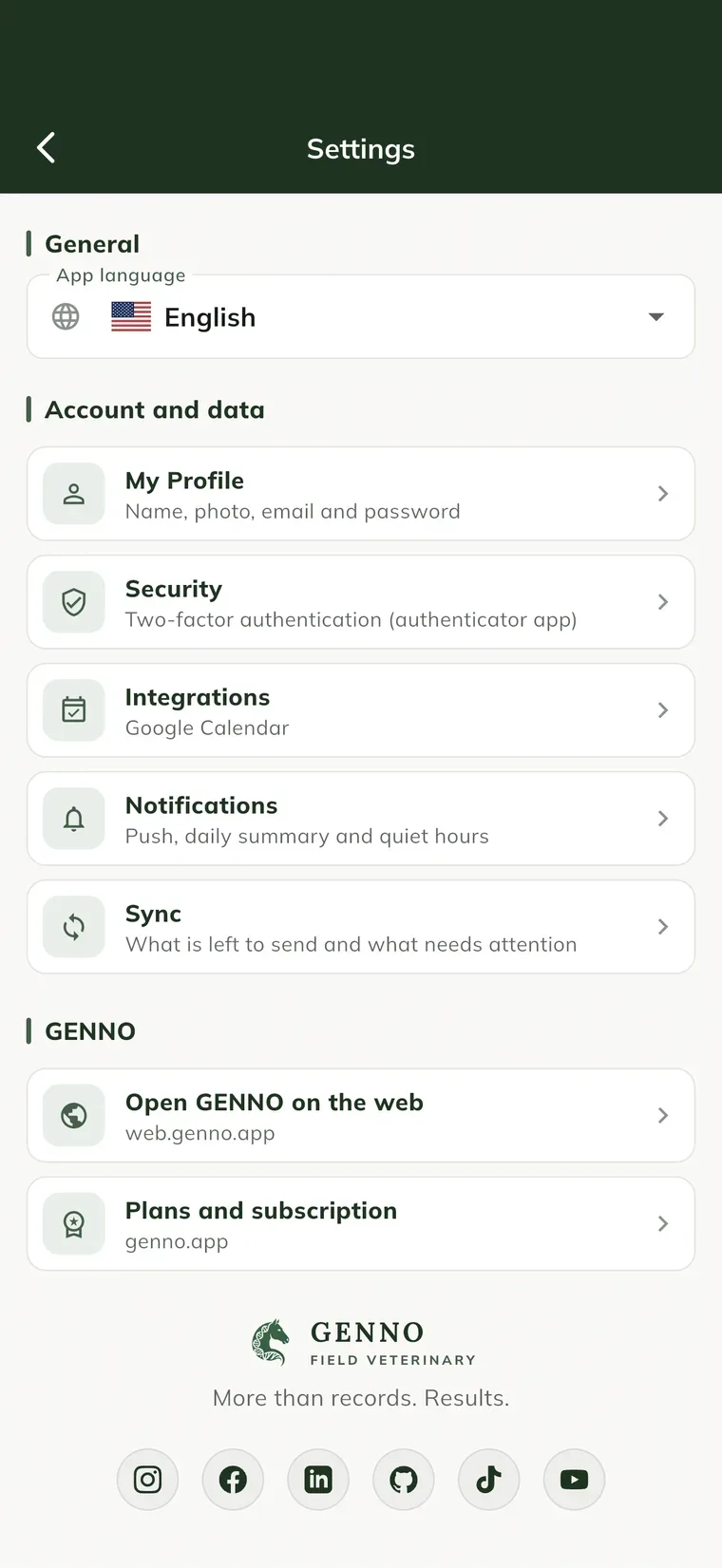 Settings screen in the app, with App language, My Profile, Notifications, Sync, Open GENNO on the web and Plans and subscription