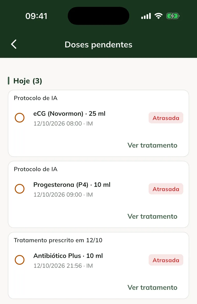 Pending doses screen in the app, with three overdue doses for today and the See treatment link