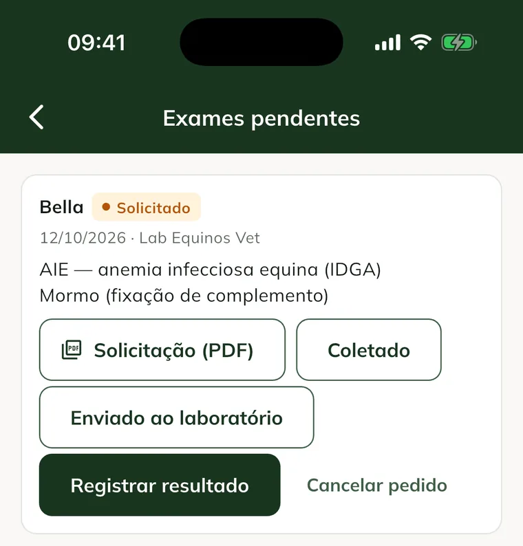 Pending tests screen in the app, with a Requested request and the Request (PDF), Collected, Sent to the laboratory, Record result and Cancel request buttons