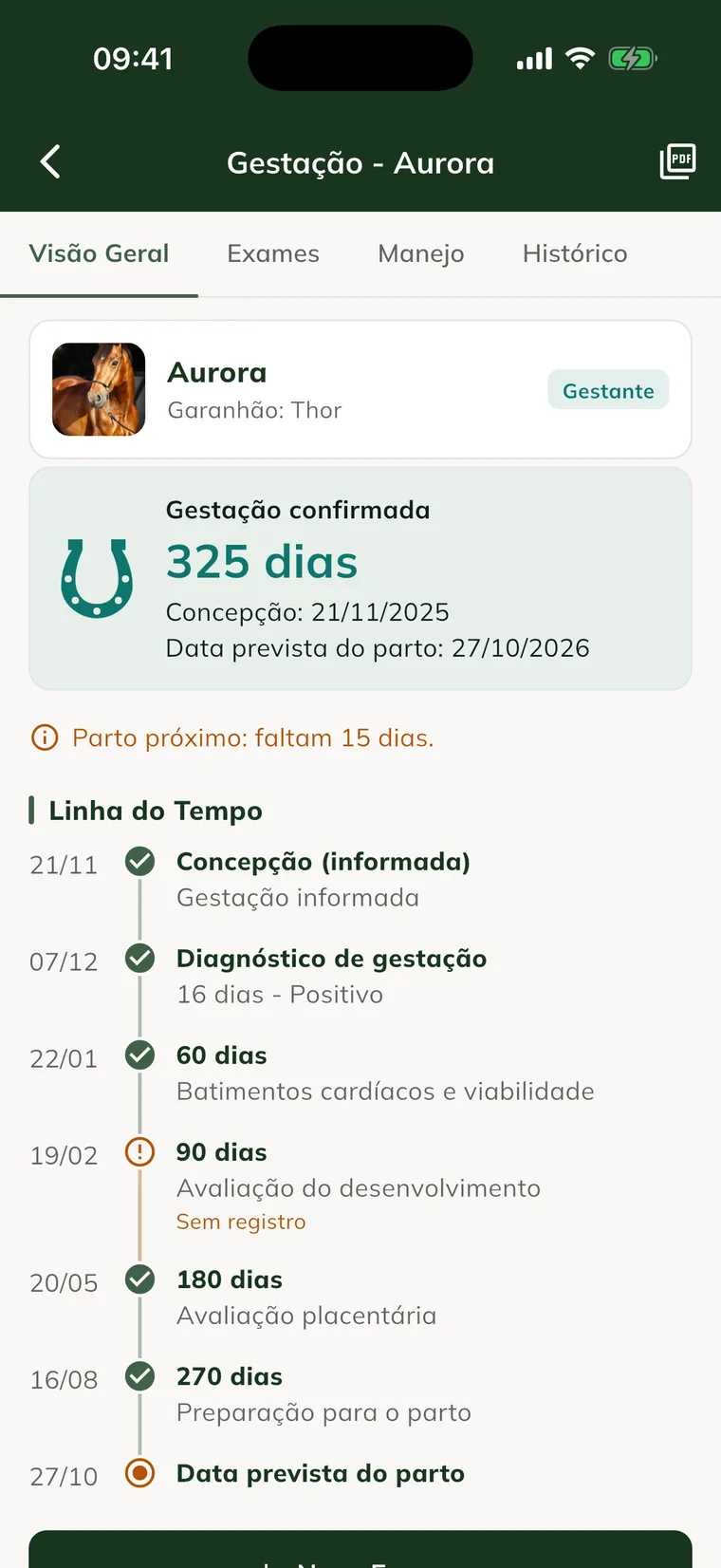 Pregnancy screen in the app, with Pregnancy confirmed, the days, the expected foaling date and the timeline