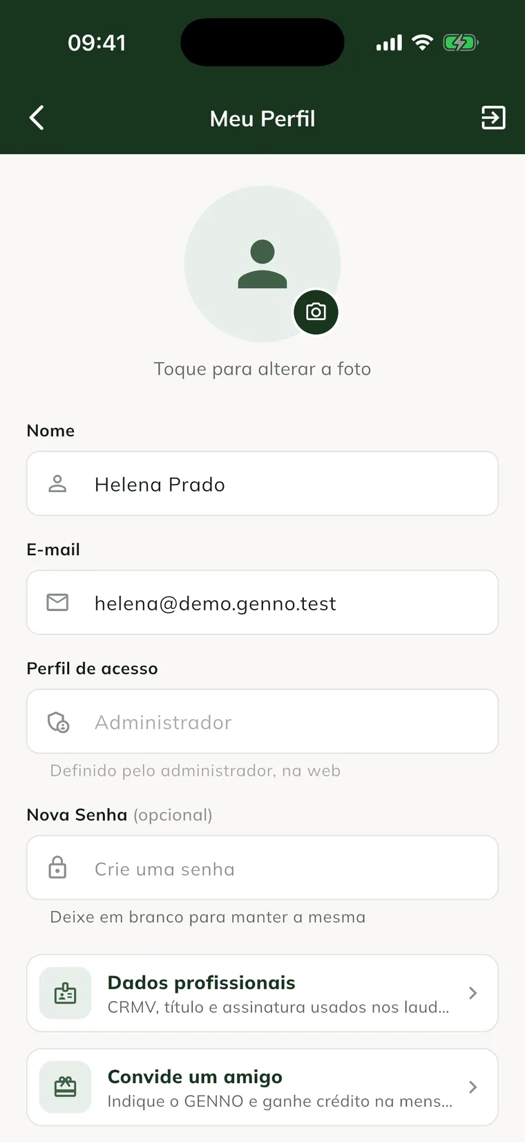 My Profile screen in the app, with the photo, Name, Email, Access profile, New Password and Professional details
