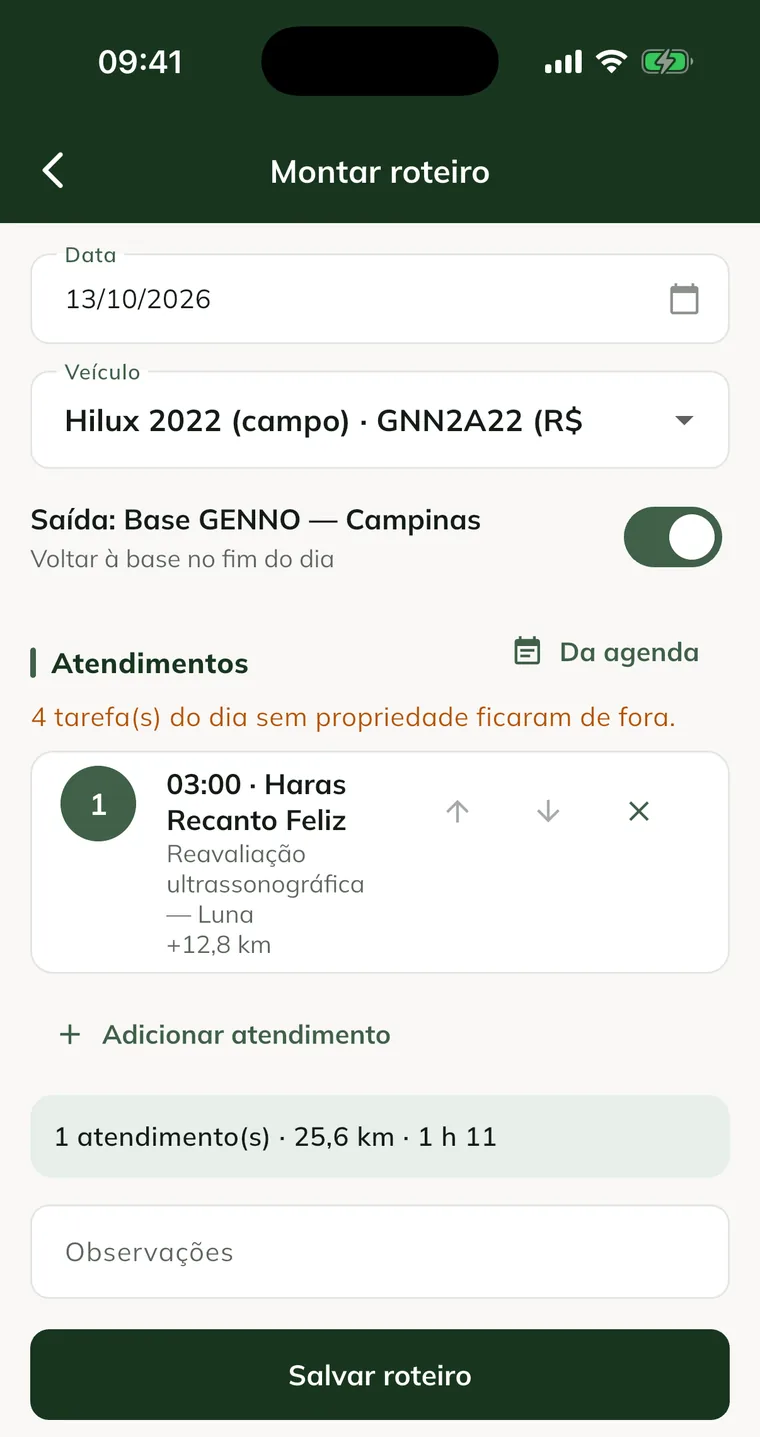 Build route screen in the app, with the date, the vehicle, the departure from the base and a visit brought from the schedule