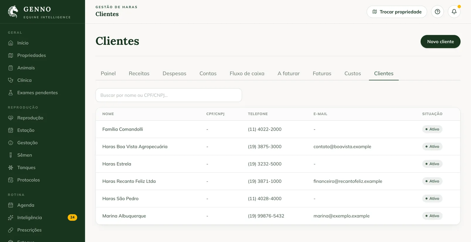 Clients list on the web, with the search and the clients with tax ID, phone, email and status