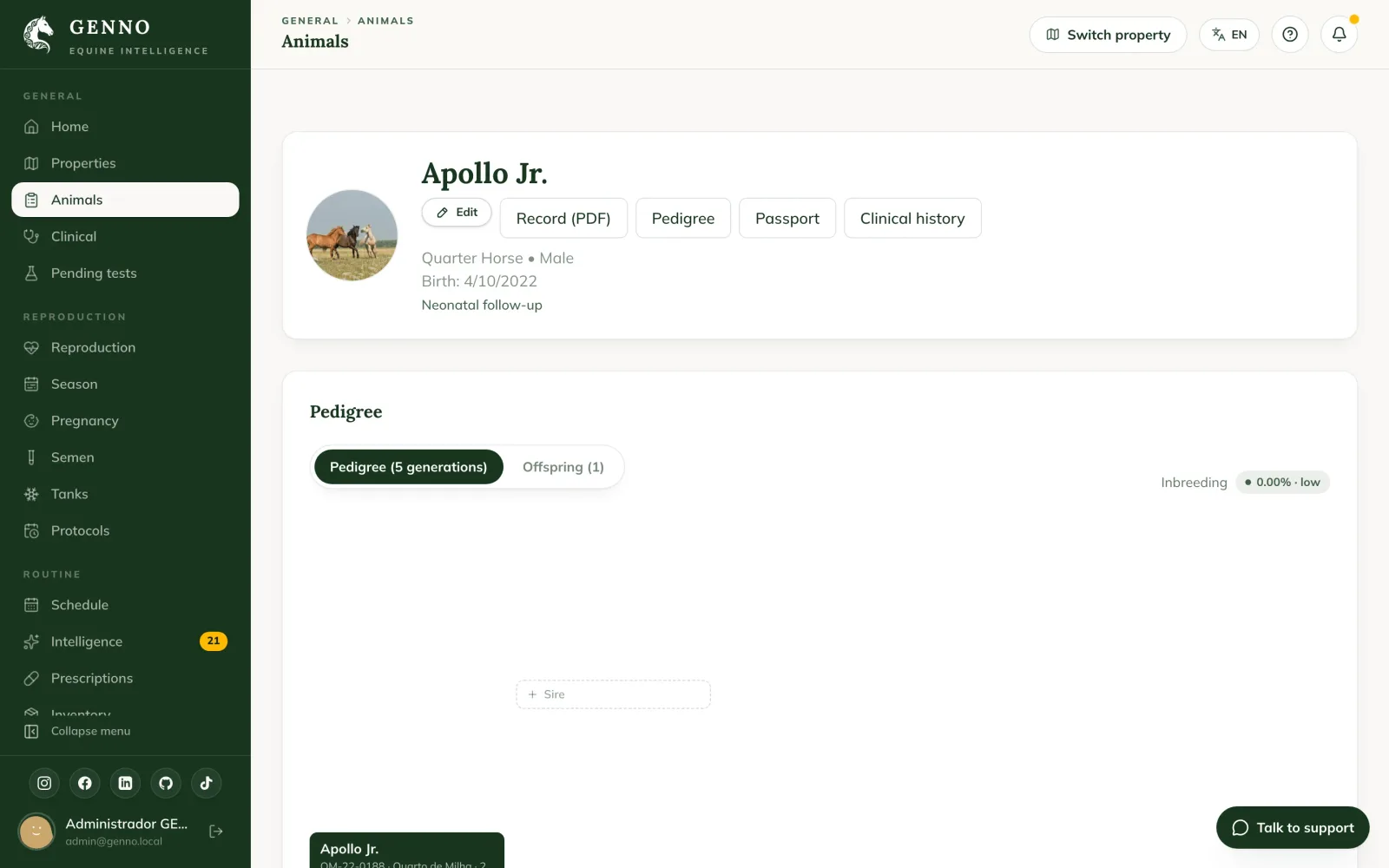 Header of the mare Bella's record on the web, with the Edit, Record (PDF), Pedigree, Passport, Clinical history, Reproductive and Pregnancy buttons, and the Follow-up