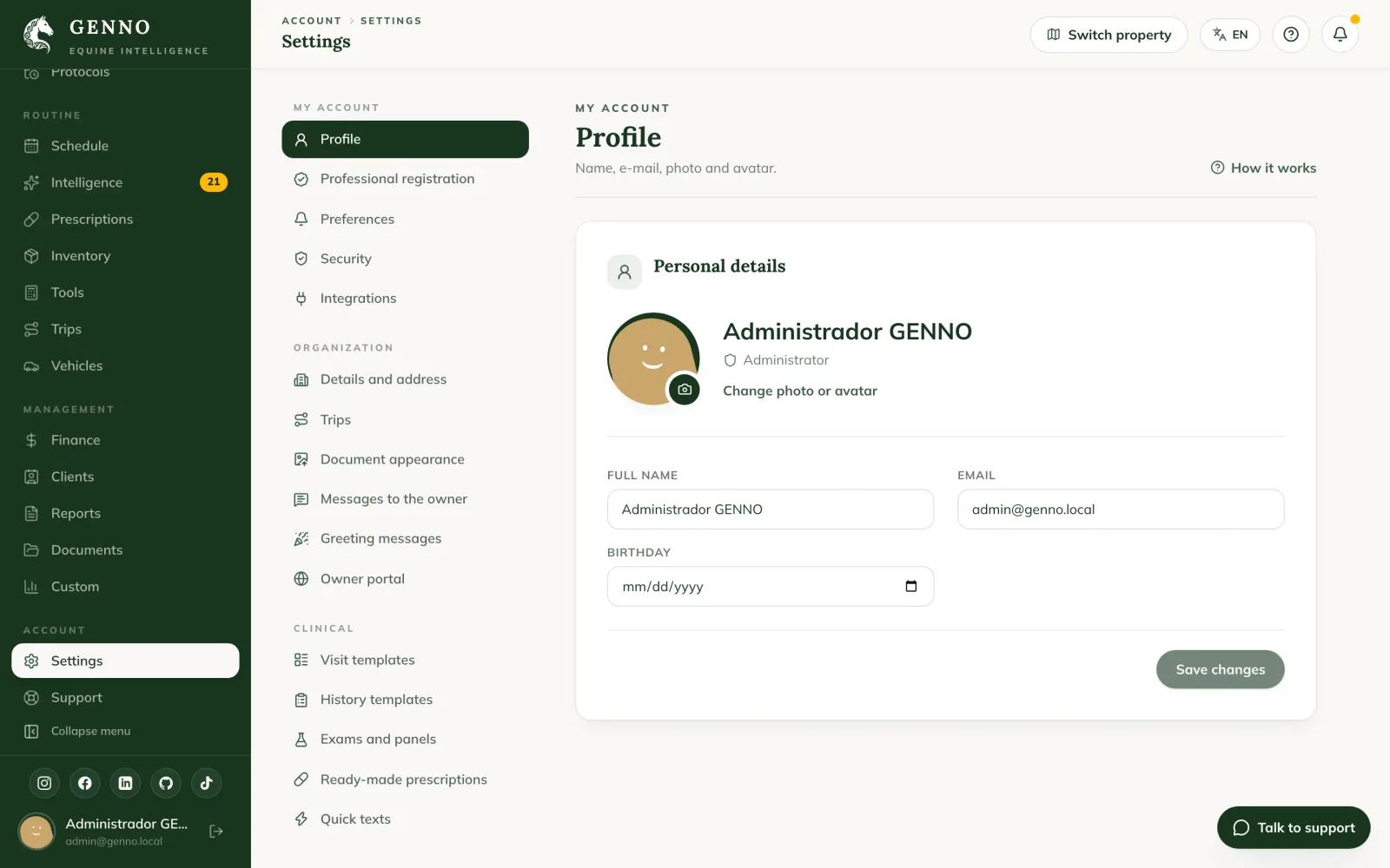 My profile page on the web, with the photo, the Administrator access profile, Full name, Email and Professional registration and signature