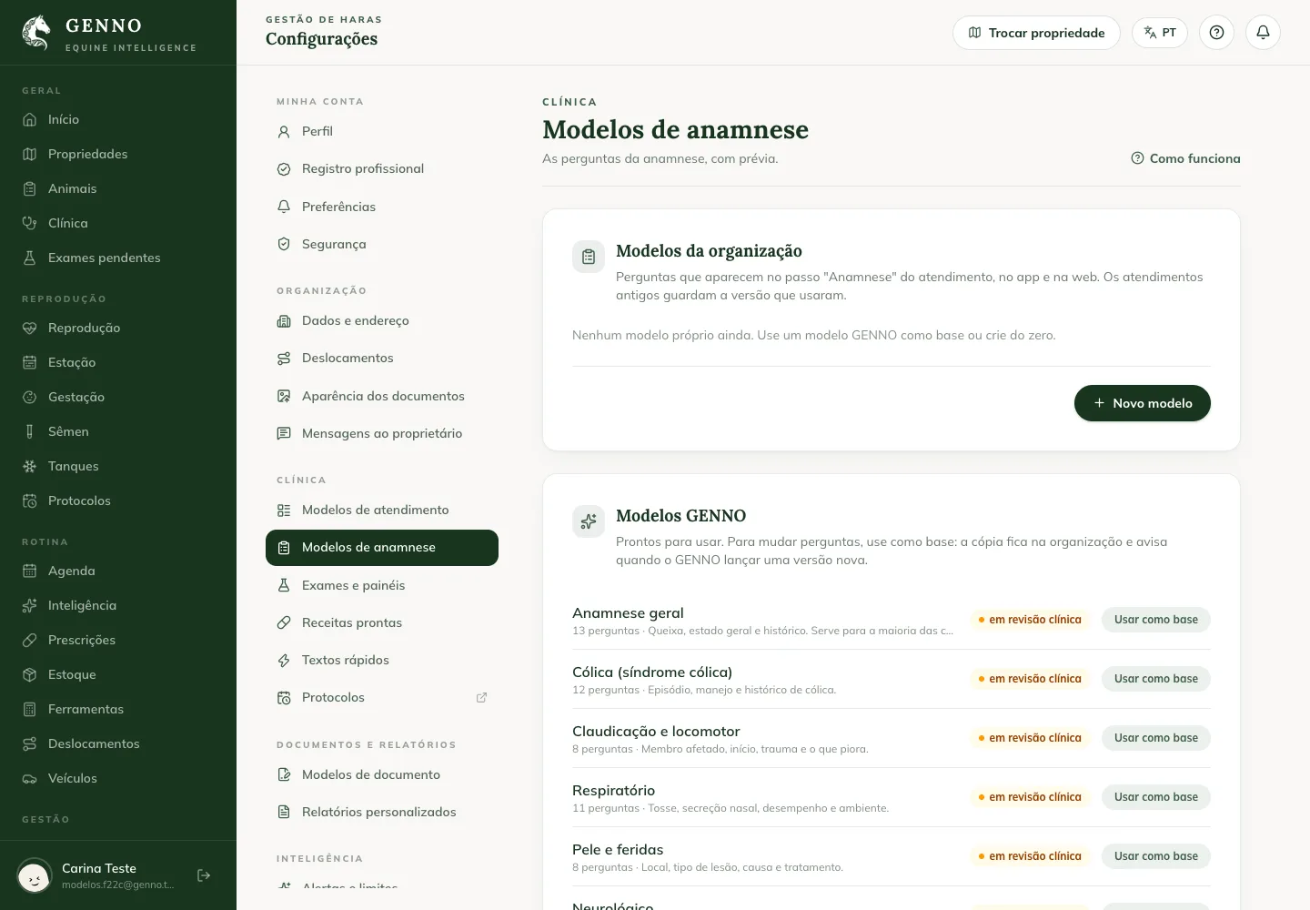History templates in the web Settings, with the organization's templates and the GENNO templates with the Use as a starting point button