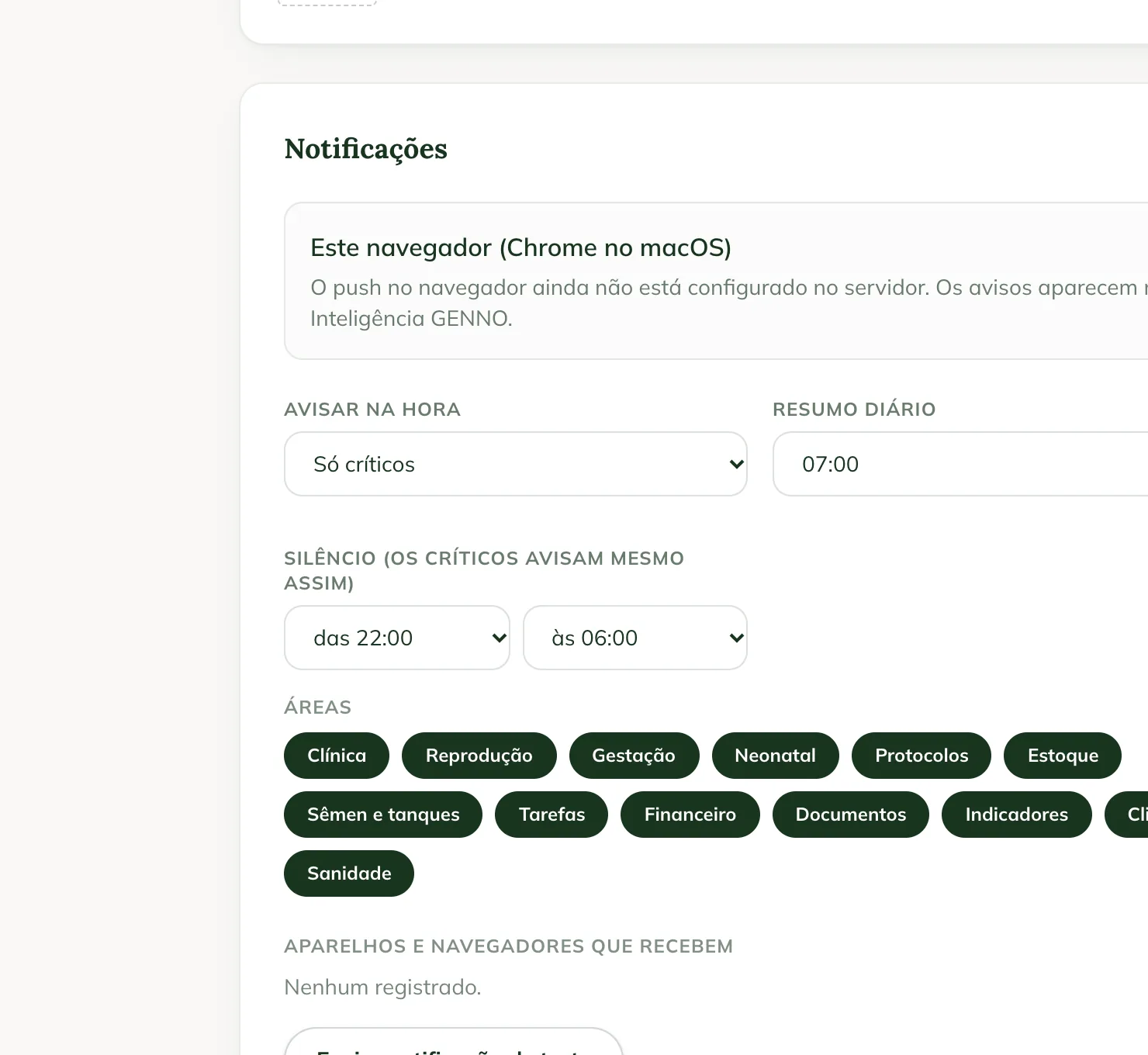 Notifications card in the web Settings, with the browser, Notify right away, Daily summary, Quiet hours, Areas and Send a test notification