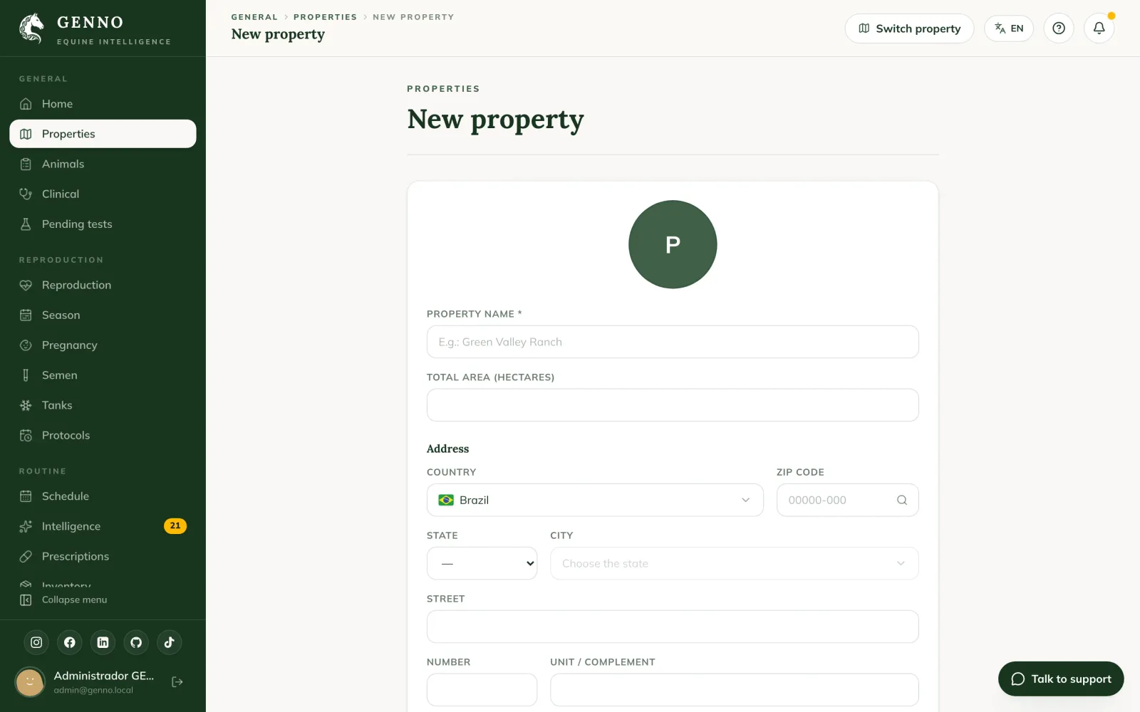 New property screen on the web, with the photo, the name, the total area and the address fields