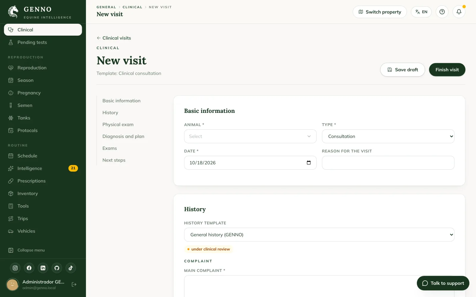 New visit page on the web, with the sections of the Consultation template and the history with questions