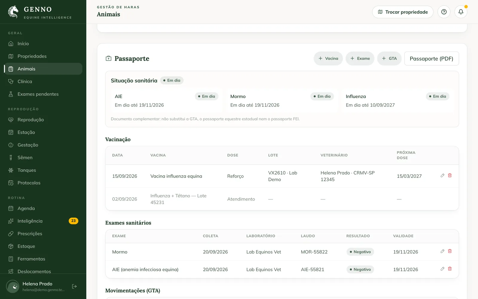 Passport of the mare Bella on the web, with the health status, vaccinations, health tests and the + Vaccine, + Exam, + Movement permit and Passport (PDF) buttons