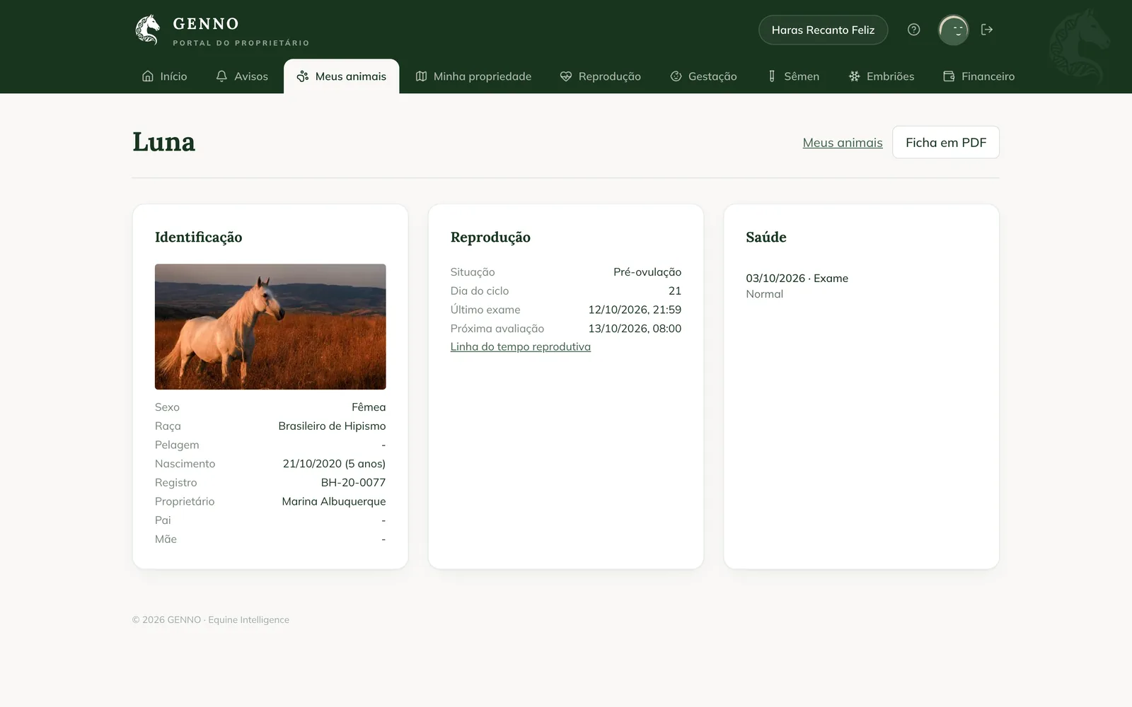 Record of the mare Luna in the Owner portal, with the identification, reproduction, health and the PDF record button