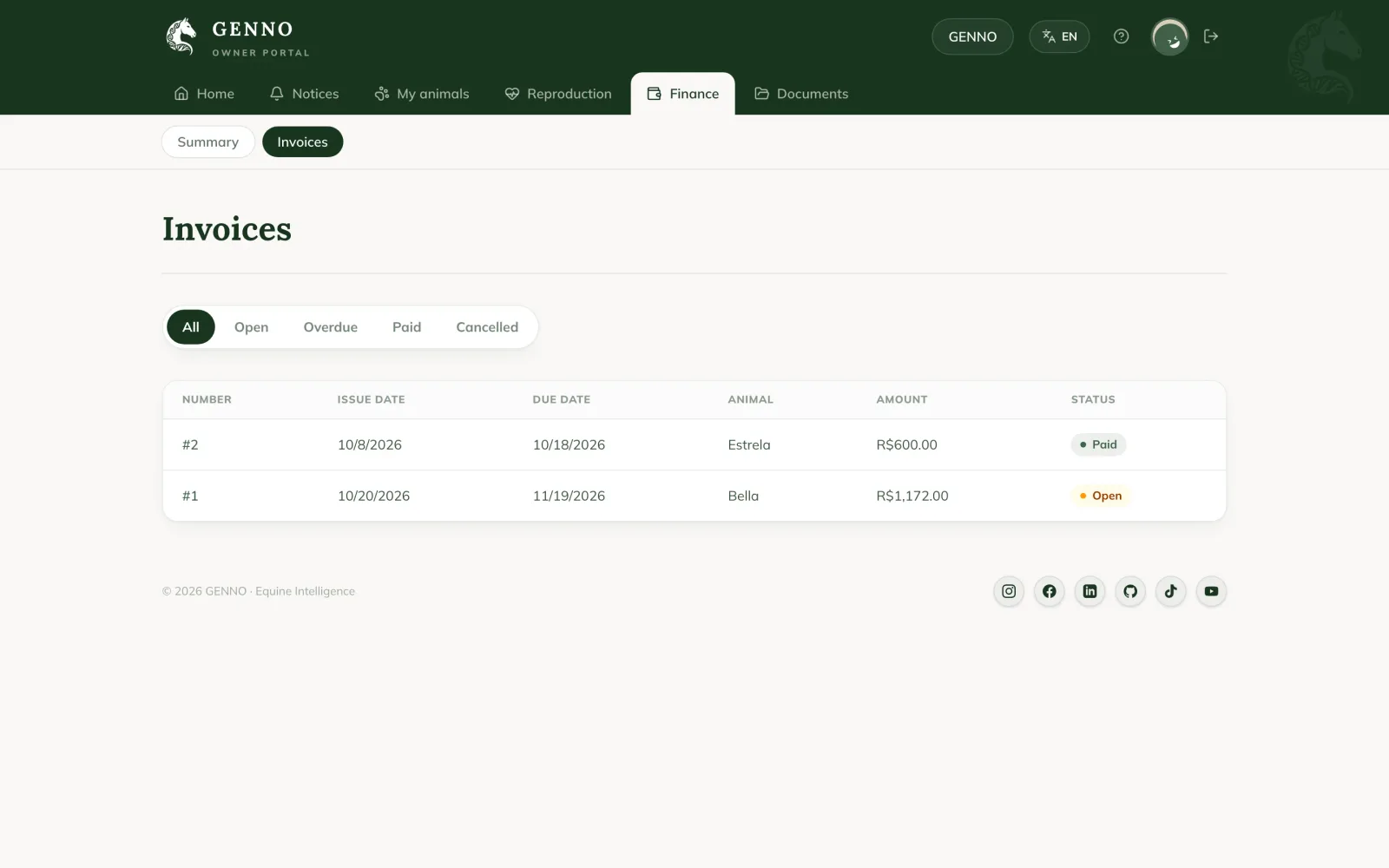 Invoices in the Owner portal, with the All, Open, Overdue, Paid and Cancelled filters and an Open invoice