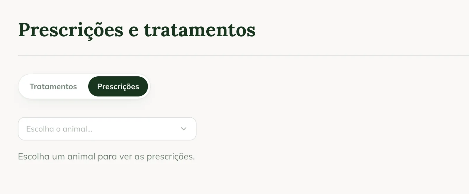 Prescriptions tab on the web, with the Choose the animal field