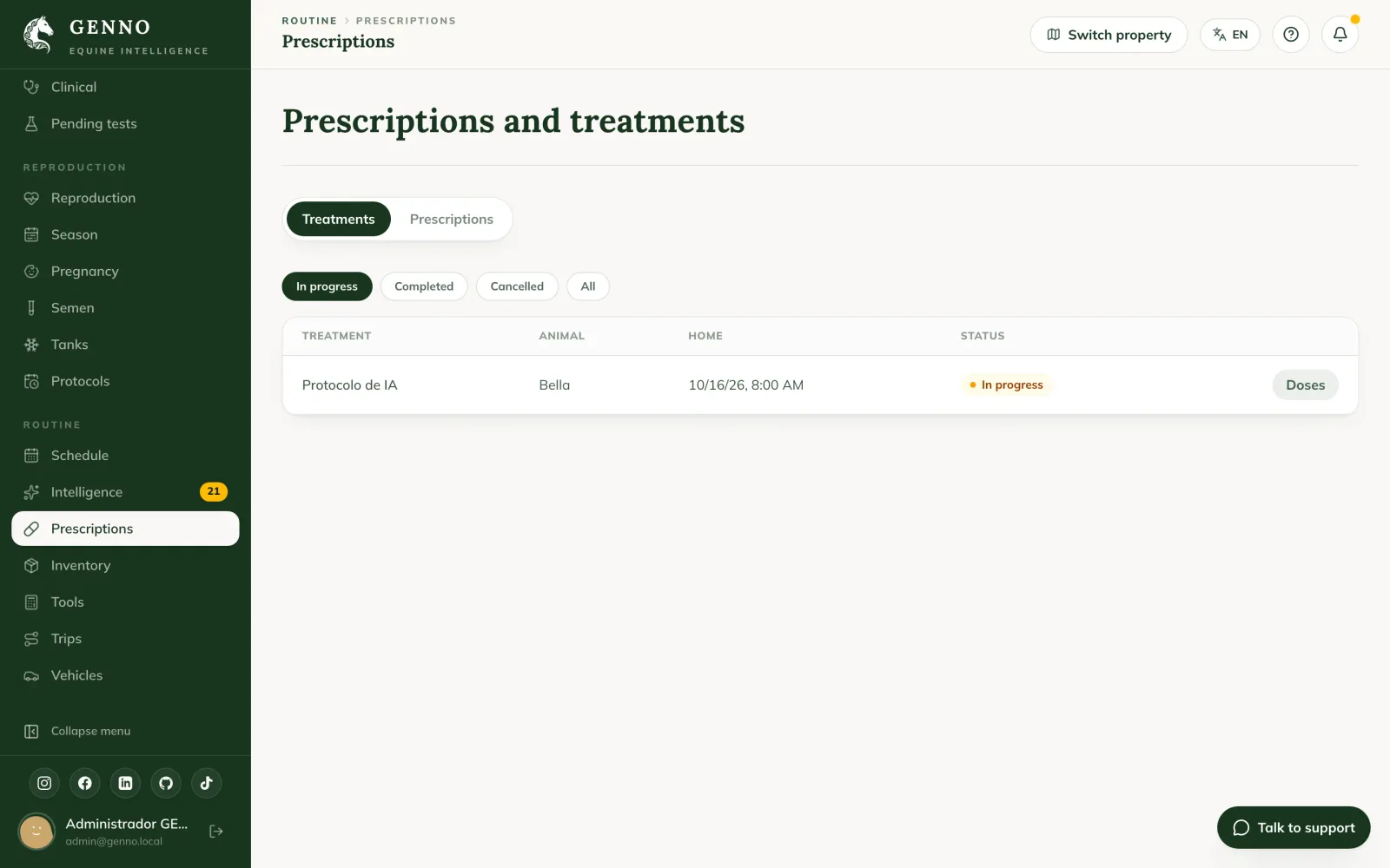 Treatments tab in Prescriptions on the web, with the given and pending doses and the Apply / skip button