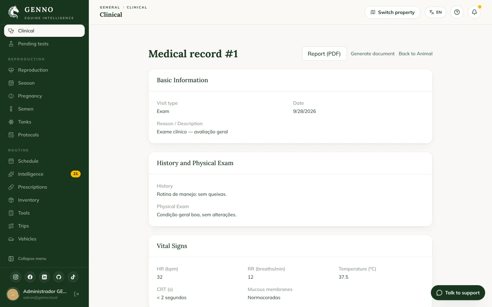 Medical record on the web, with Next steps and Requested tests, and the Request (PDF), Edit, Collected, Sent to the laboratory, Record result and Cancel buttons