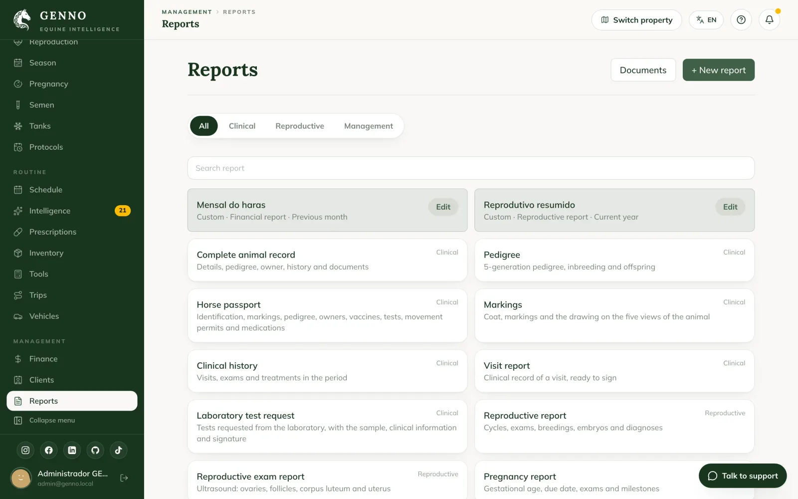 Reports Center on the web, with the All, Clinical, Reproductive and Management tabs, two custom reports and the GENNO reports