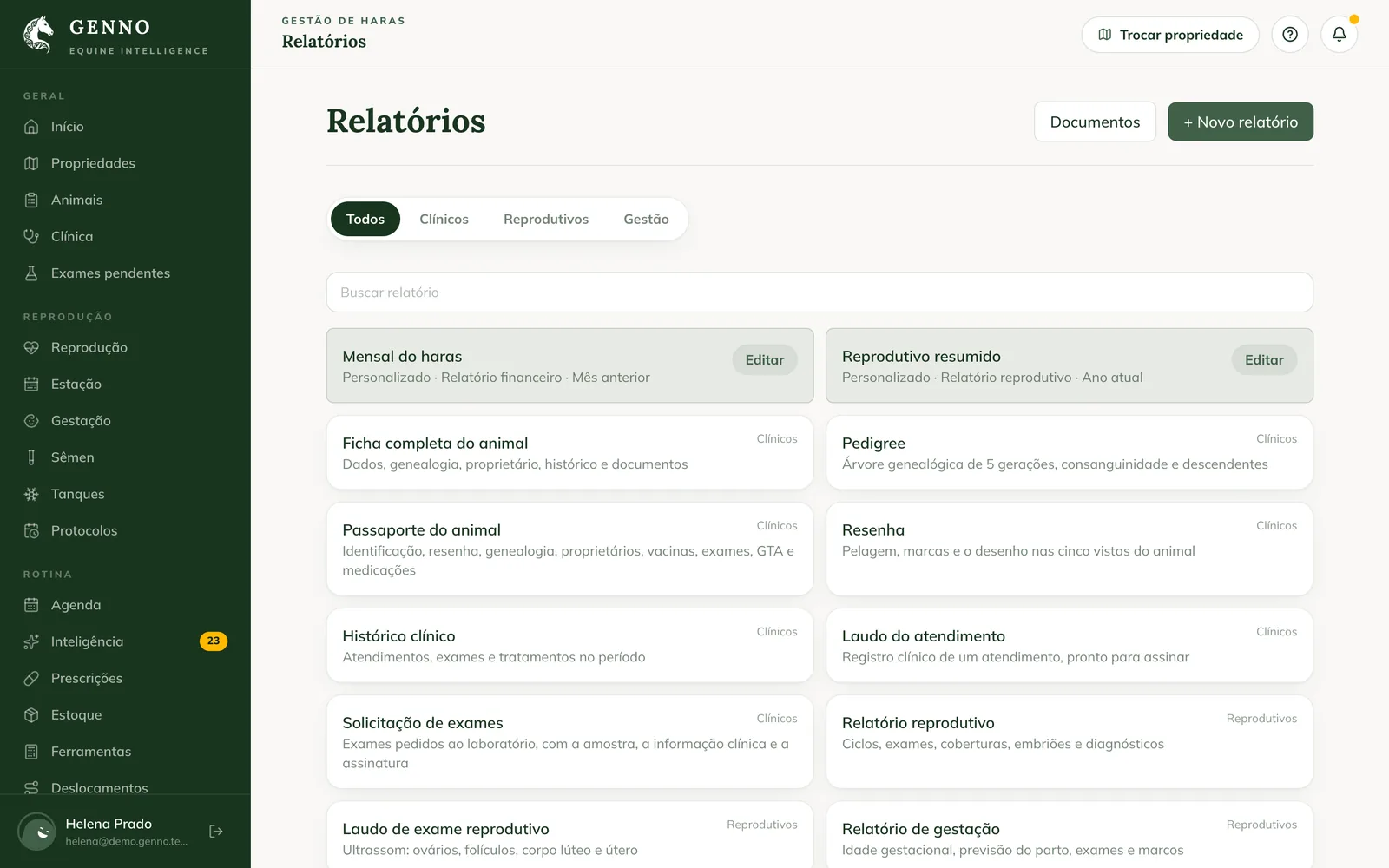Reports Center on the web, with the All, Clinical, Reproductive and Management tabs, two custom reports and the GENNO reports
