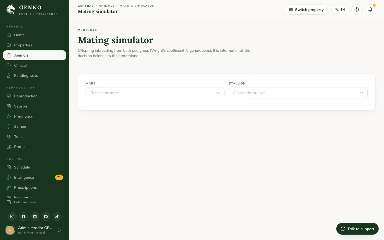 Mating simulator on the web, with the mare Bella, the stallion Thor and the result 0.00% with low inbreeding