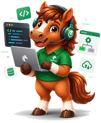 GENNO horse coding on a laptop, with code screens around