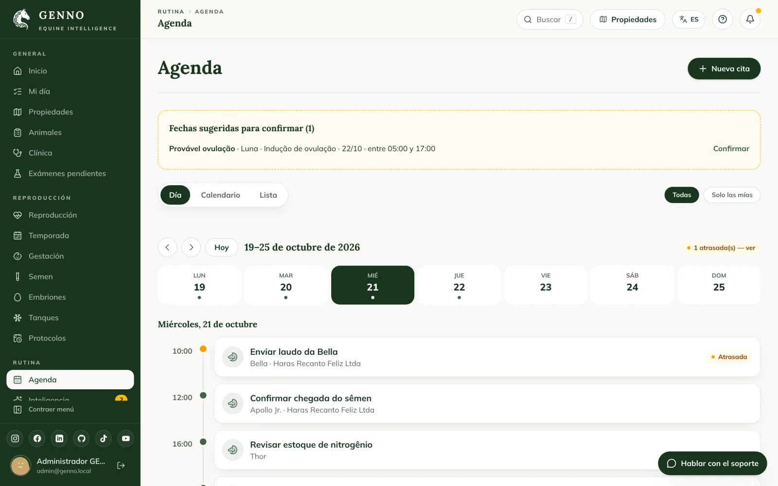 Agenda en la web en la pestaña Día, con la semana del 12 al 18 de octubre, las fechas sugeridas para confirmar y la línea de tiempo del martes
