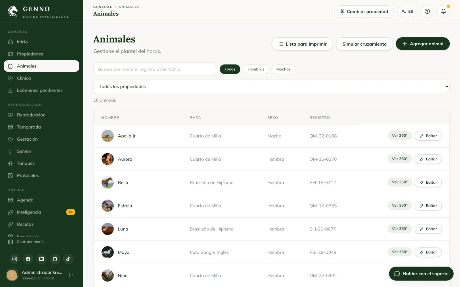 Lista Animales en la web, con la búsqueda, los filtros Todos, Hembras y Machos, y los botones Simular cruzamiento y Agregar animal
