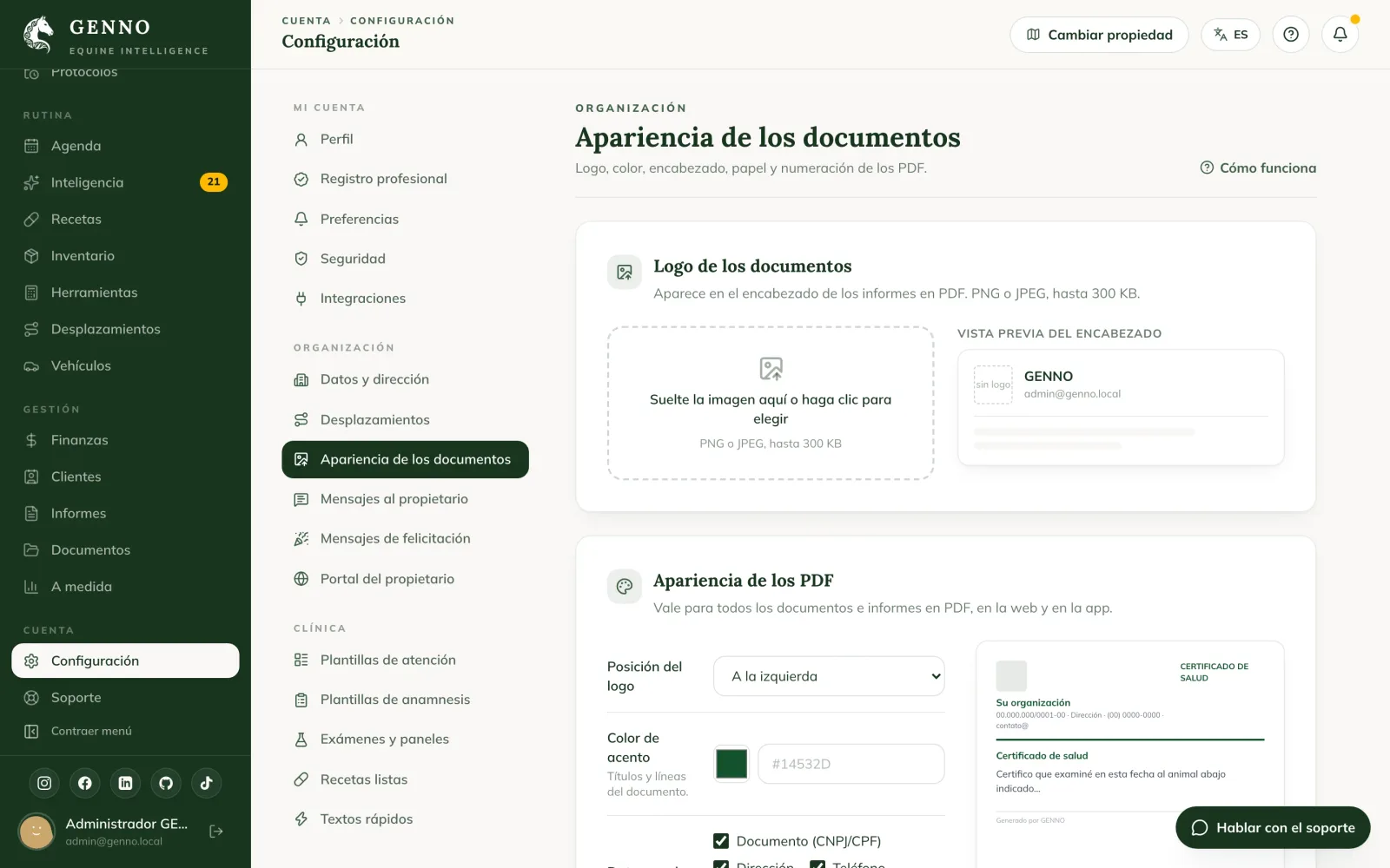 Apariencia de los PDF, con el color de acento, los datos del encabezado, el papel, el tamaño de letra y la numeración por categoría