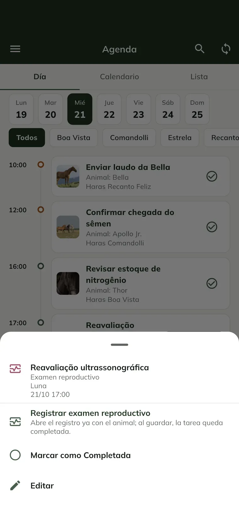 Hoja de la cita en la app, con Registrar examen reproductivo primero
