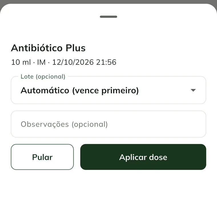 Ventana de la dosis con el campo Lote (opcional) y los botones Omitir y Aplicar dosis