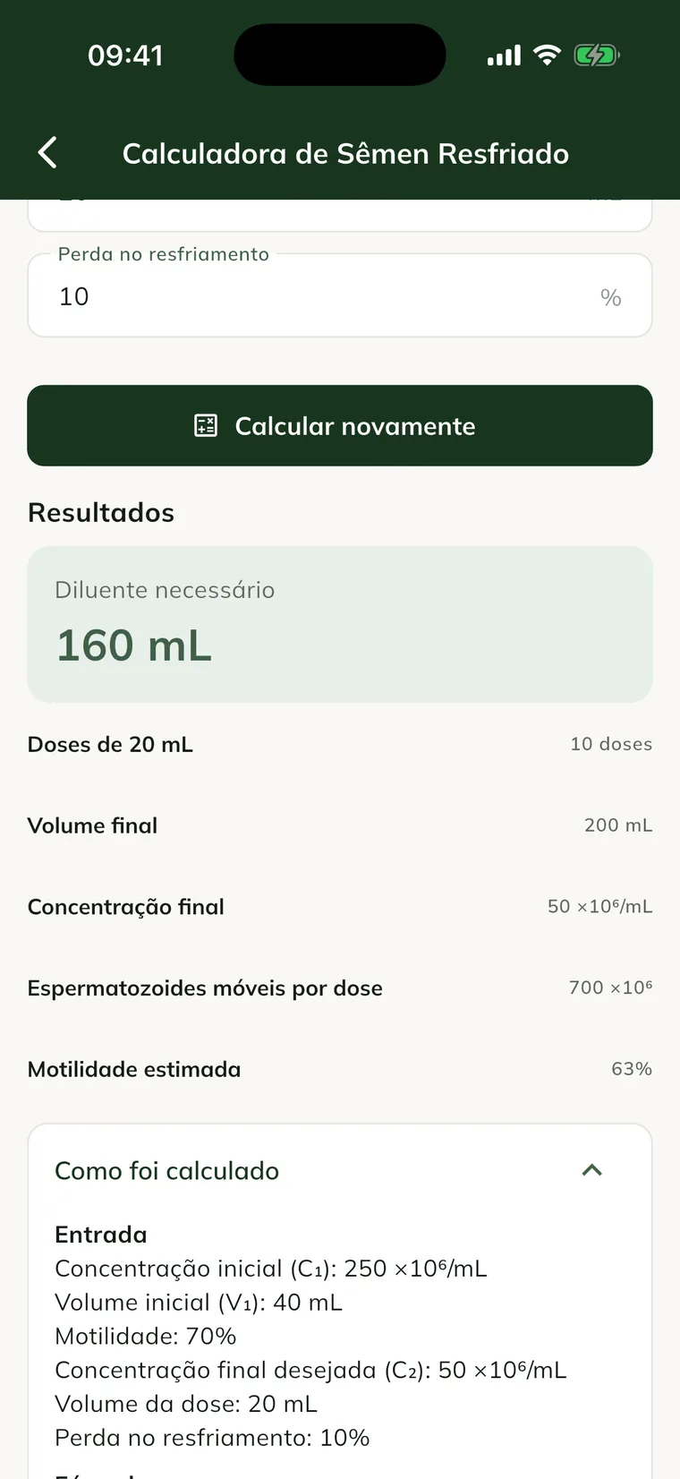 Calculadora de Semen Refrigerado con los Resultados y la sección Cómo se calculó abierta