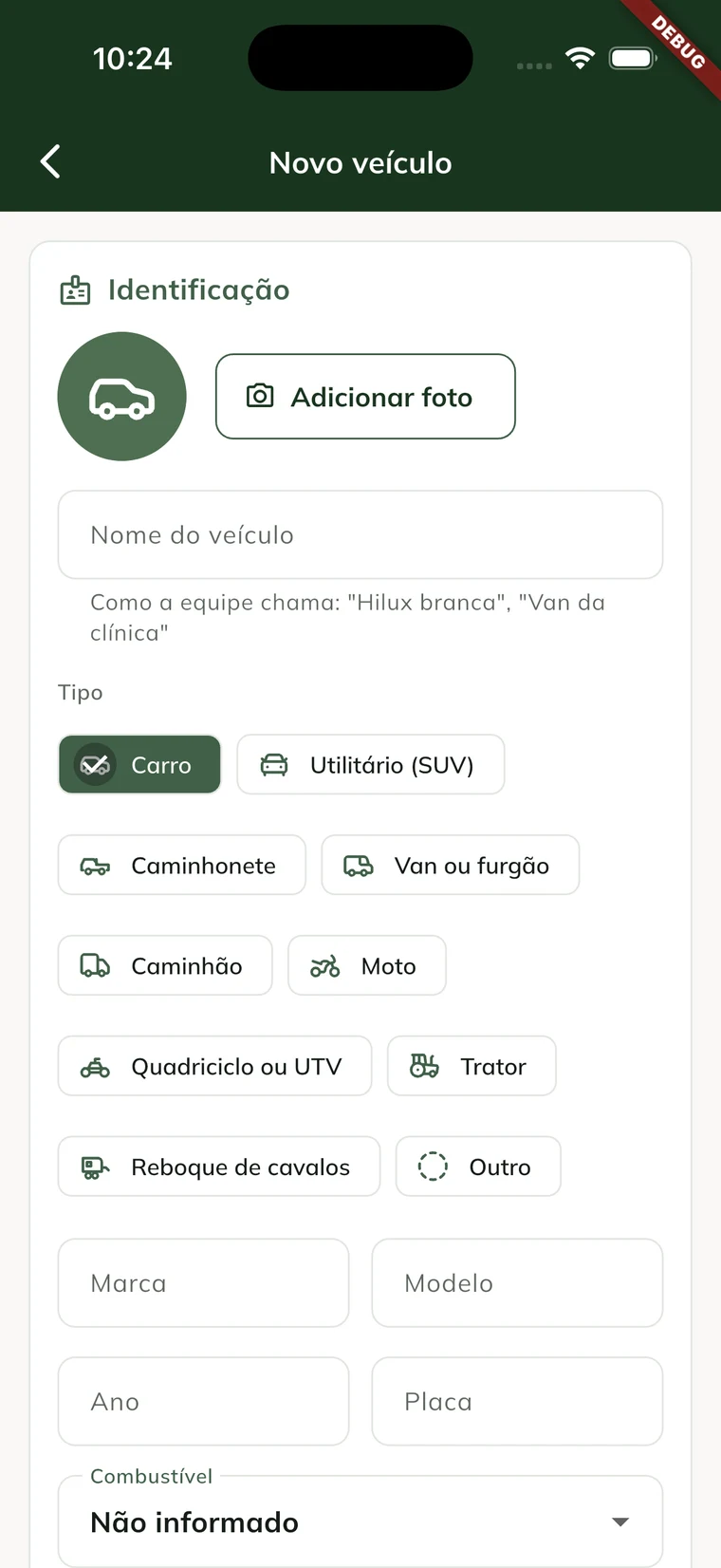 Pantalla Nuevo vehículo en la app, con la foto, el tipo en chips y el resumen del costo por km