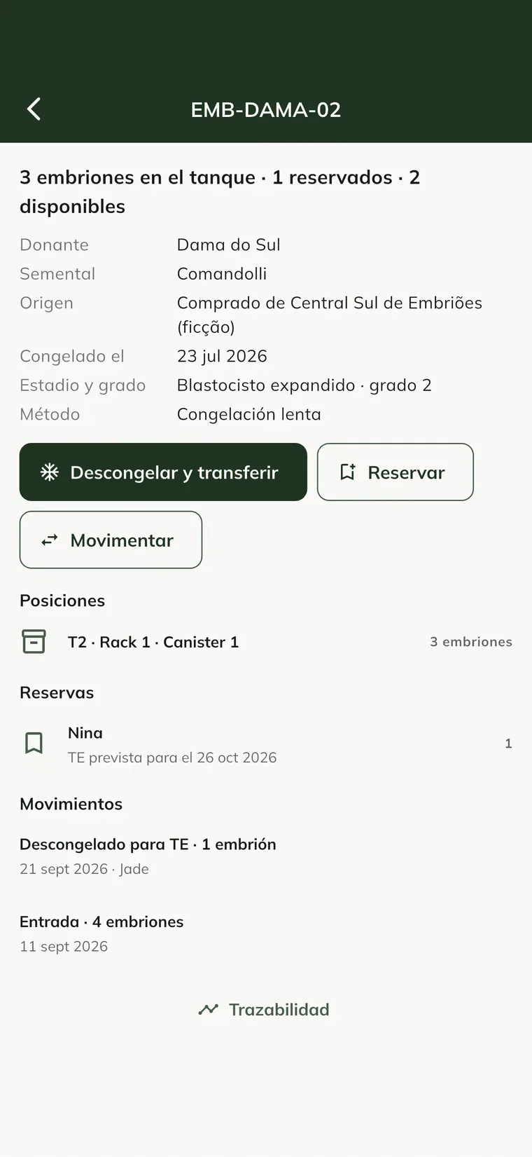 Lote de embriones en la app, con las posiciones, la reserva y los movimientos