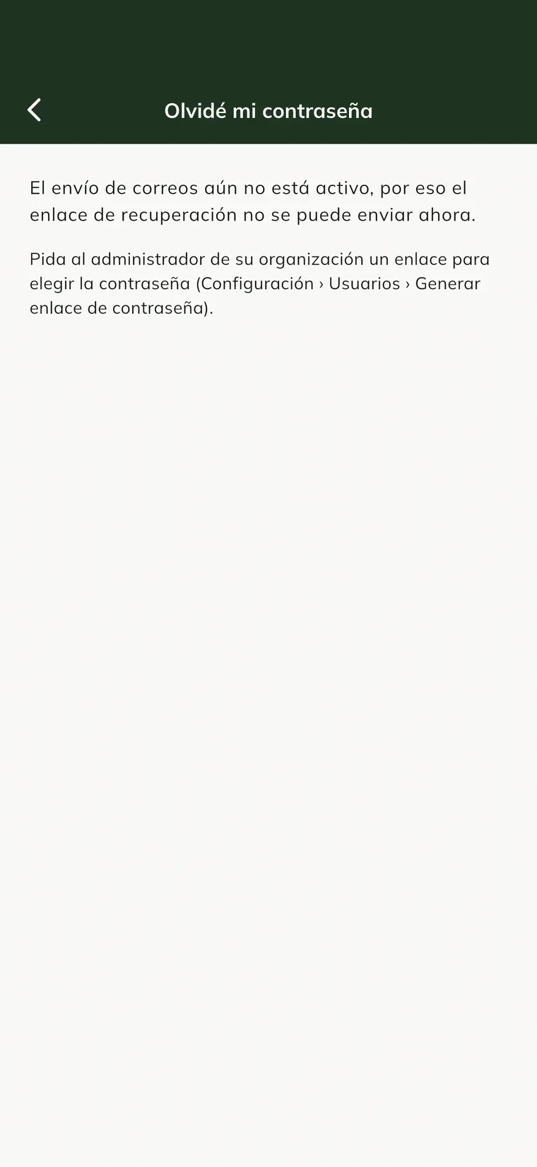 Pantalla Olvidé mi contraseña en la app, con el campo Correo electrónico y el botón Enviar