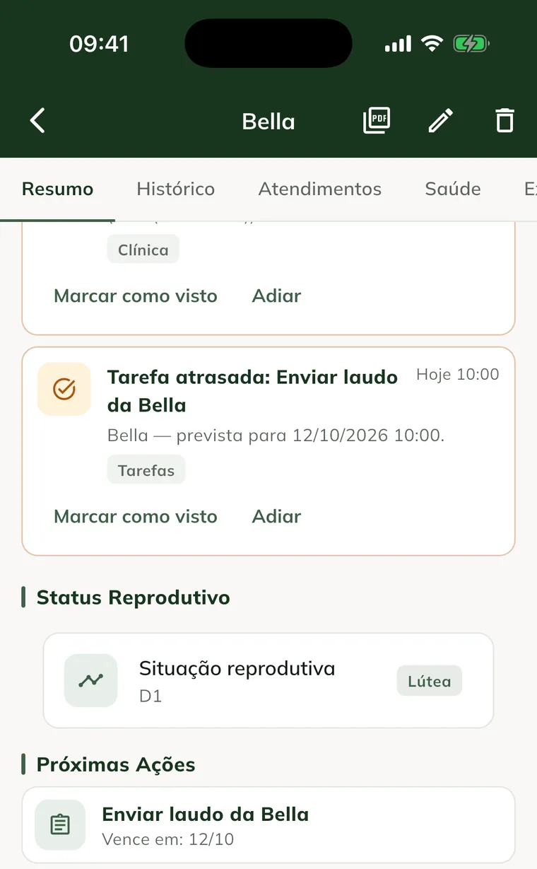 Ficha de la yegua Bella en la app, pestaña Resumen, con Estado Reproductivo, Próximas Acciones y el botón Nueva Atención
