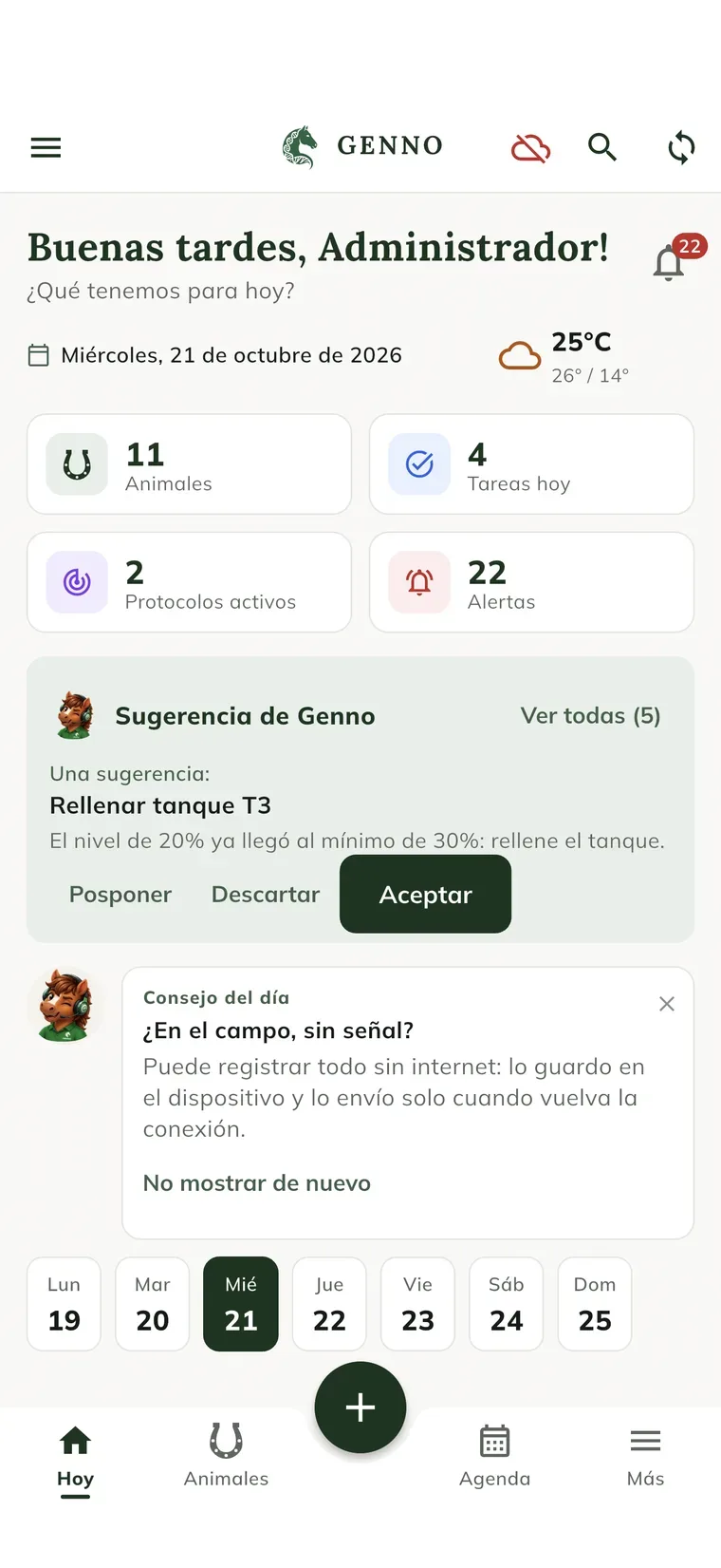 Parte superior de la pantalla Hoy en la app sin internet, con el ícono de nube tachada roja junto a la búsqueda