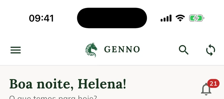 Parte superior de la pantalla Hoy en la app, con la lupa y el ícono de sincronización a la derecha del logo GENNO