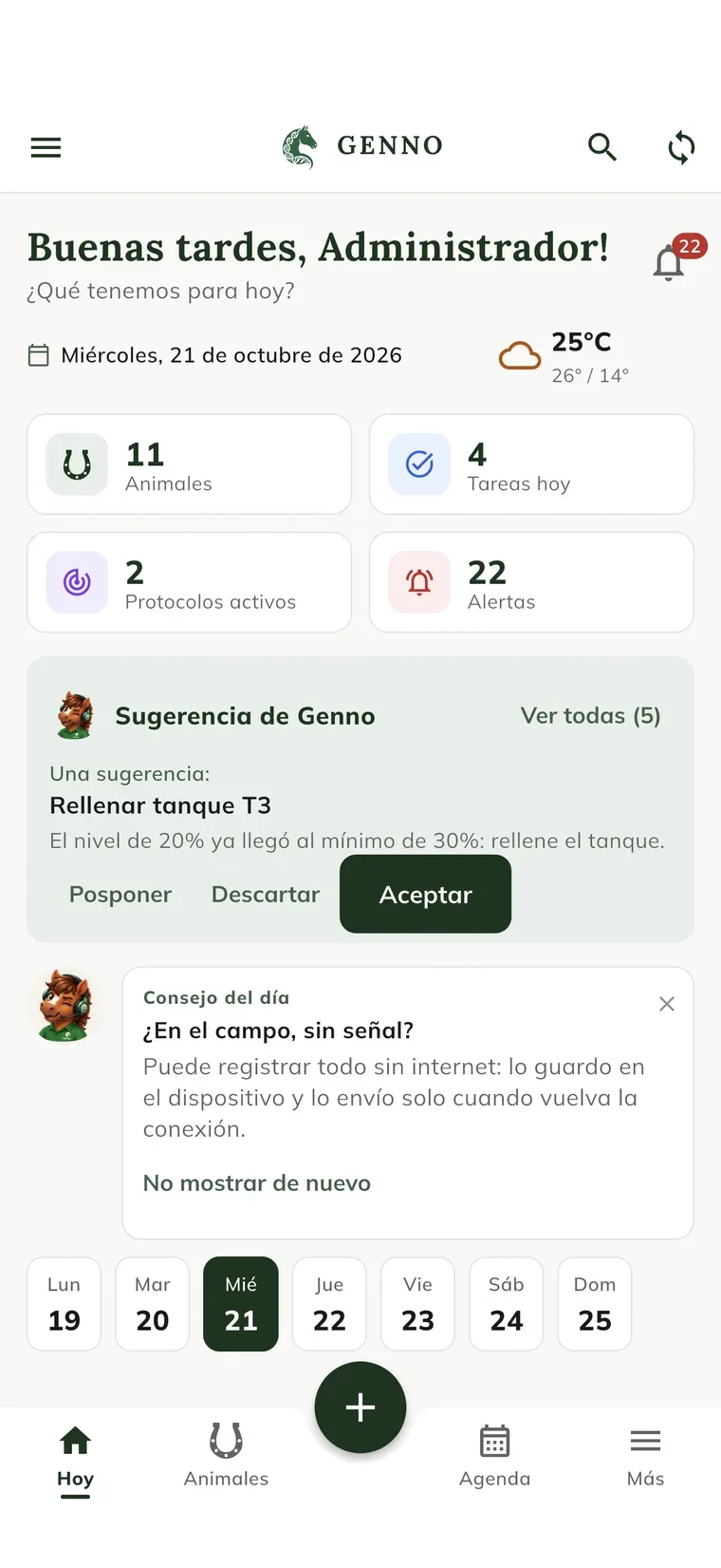 Parte superior de la pantalla Hoy en la app, con la lupa y el ícono de sincronización a la derecha del logo GENNO