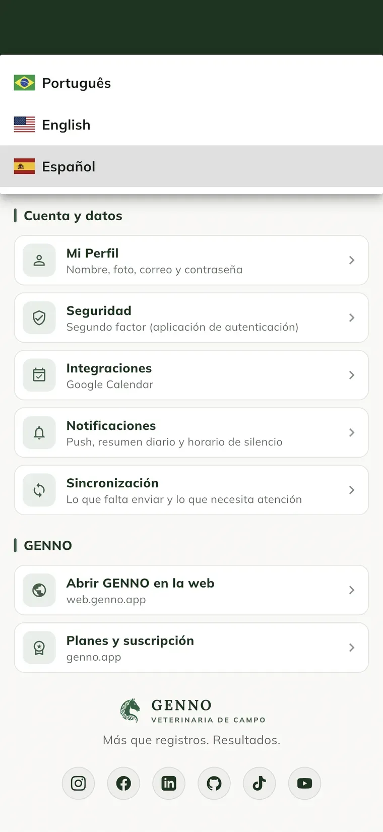 Lista Idioma de la aplicación en la Configuración de la app, con Português, English y Español