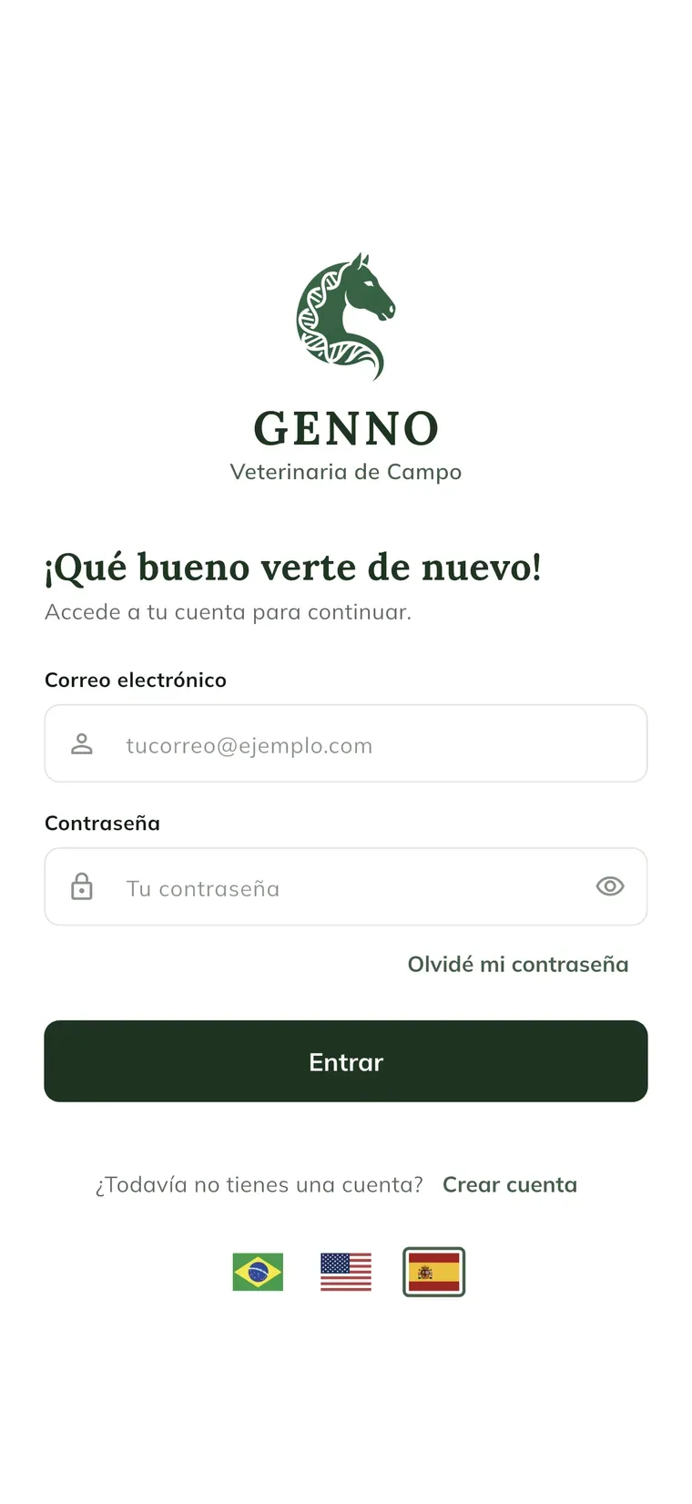 Pantalla de inicio de sesión de la app GENNO con el mensaje ¡Qué bueno verte de nuevo!, los campos Correo electrónico y Contraseña y el botón Entrar