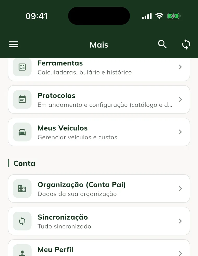 Menú Más de la app, con Organización (Cuenta Principal), Sincronización, Mi Perfil, Invite a un amigo y Configuración