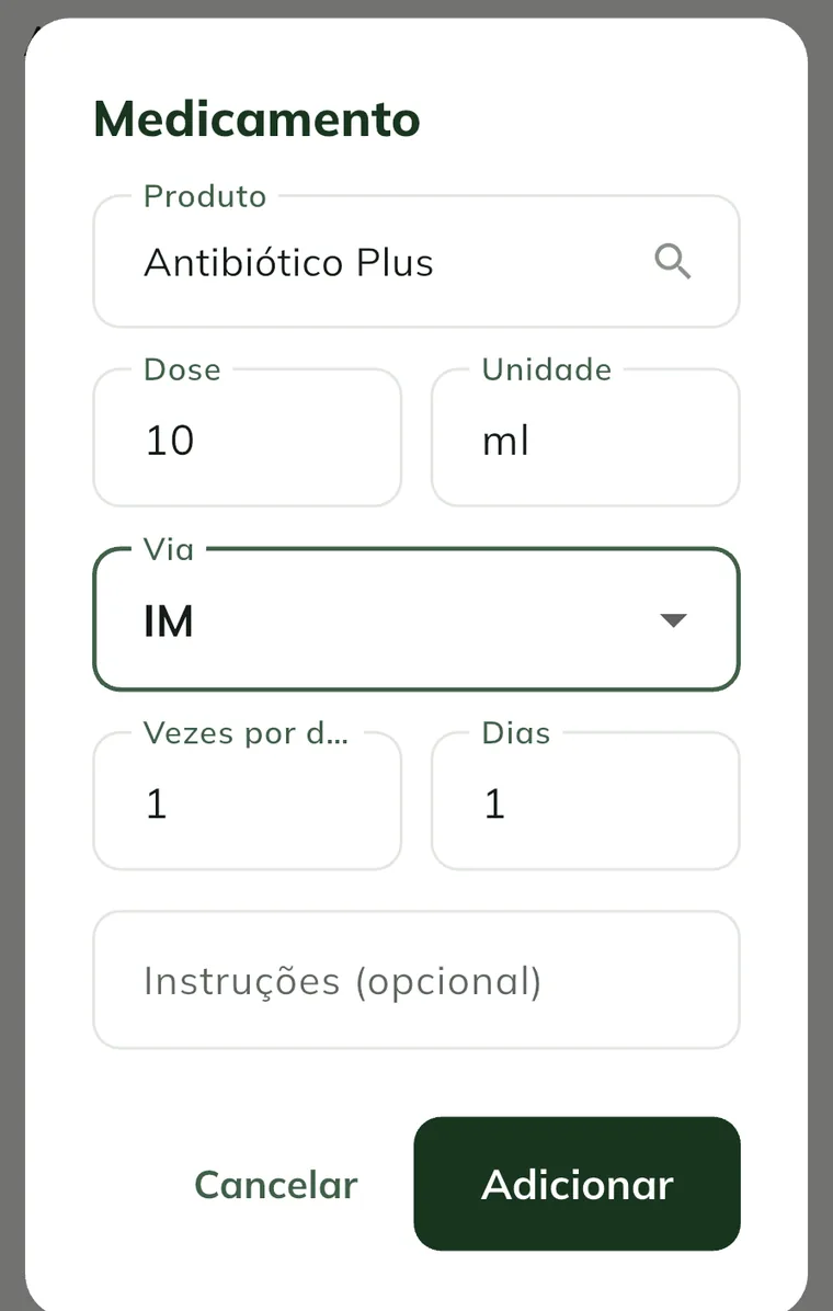 Ventana Medicamento con Producto, Dosis, Unidad, Vía, Veces por día, Días e Instrucciones (opcional)